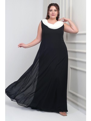 Kadın Degaje Yaka Arkası Taş Detaylı Volanlı Astarlı Büyük Beden Uzun Şifon Elbise