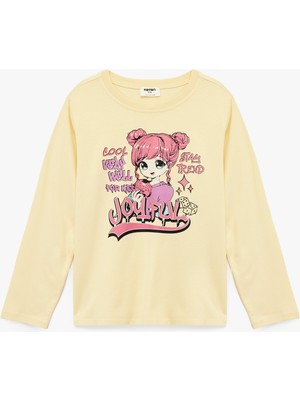 Pamuklu Uzun Kollu Bisiklet Yaka Anime Baskılı Tişört