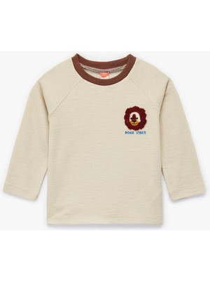 Uzun Kollu Bisiklet Yaka Aslan Nakışlı Pamuklu Tişört