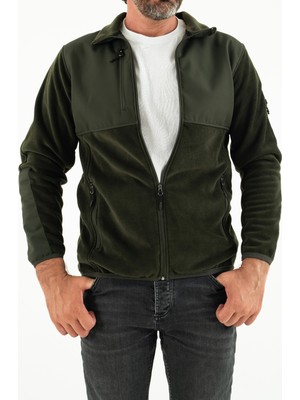 Souris Erkek Haki Slim Fit Anti-Pilling Tüylenme Yapmayan Tam Fermuar Softshell Garnili Polar Sweatshirt