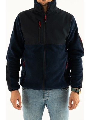 Souris Erkek Lacivert Slim Fit Anti-Pilling Tüylenme Yapmayan Tam Fermuar Softshell Garnili Polar Sweatshirt