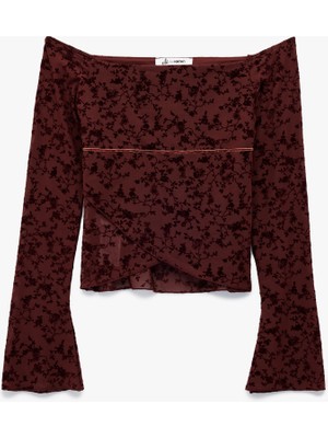 Slim Fit Asimetrik Uzun Ispanyol Kollu Dantelli Omzu Açık Tül Tişört