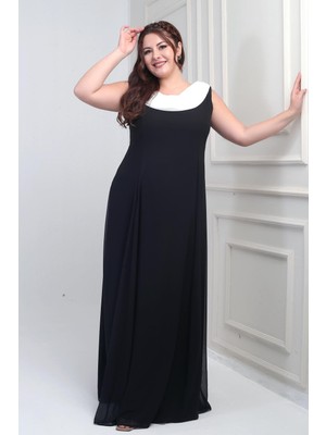 Kadın Degaje Yaka Arkası Taş Detaylı Volanlı Astarlı Büyük Beden Uzun Şifon Elbise