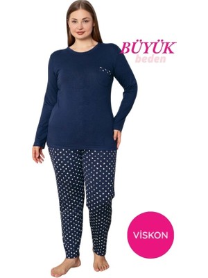 Kadın Bisiklet Yaka Düğmesiz Dökümlü Viskon Mevsimlik Uzun Kol Cepli Pijama Takımı