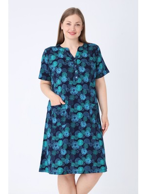 Lacivert Desenli V Yaka Düğme Detaylı Cepli Kısa Kollu Kadın Büyük Beden Pamuklu Elbise