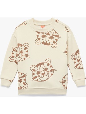 Kaplan Baskılı Uzun Kollu Bisiklet Yaka Şardonlu Sweatshirt