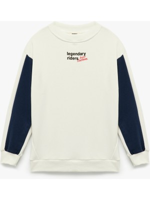 Şardonlu Renk Kontrastlı Uzun Kollu Bisiklet Yaka Baskılı Oversize Sweatshirt