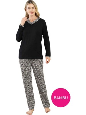Kadın Düğmesiz V Yaka Siyah Etnik Desenli 3 Düğmeli Likralı Bambu Mevsimlik Uzun Kol Pijama Takımı