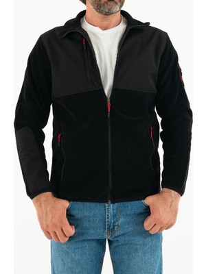 Souris Erkek Siyah Slim Fit Anti-Pilling Tüylenme Yapmayan Tam Fermuar Softshell Garnili Polar Sweatshirt