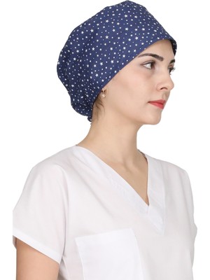 Mavi Mini Yıldız Desenli Doktor Hemşire Aşçı Bonesi Unisex Cerrahi Bone