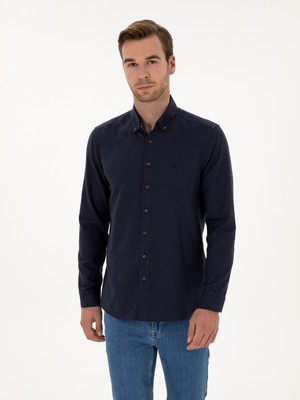 Cacharel Erkek Lacivert Slim Fit Pamuk Karışımlı Yakası Düğmeli Flanel Gömlek 50318243-VR033