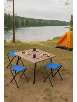 Exent 45X60 cm Kamp Sehpası + 3 Adet Mavi Tabure Piknik, Bahçe Balkon Sehpası Katlanır Sehpa-A-3m