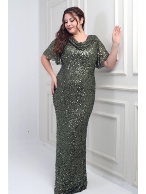 Kadın Degaje Yaka Kısa Kollu Astarlı Pullu Büyük Beden Likralı Elbise