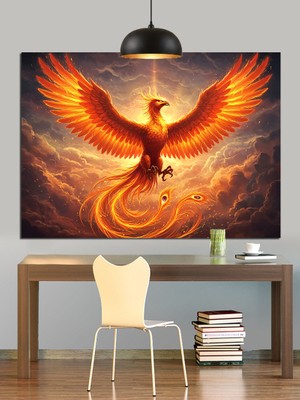 Alevler Içinde Yükselen Anka Kuşu Dekoratif Kanvas - Mdf Ahşap Tablo