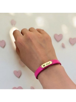 Altın Plakalı 14 Ayar Gül Ismine Özel Doğal Pembe Derili Kelebek Figürlü Hediye BILEKLIK-651ISIM