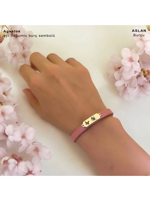 14 Ayar Altın Plakalı Aslan Burçları Için Koyu Pembe Derili Kelebek Motifli Hediye BILEKLIK-654BURÇ