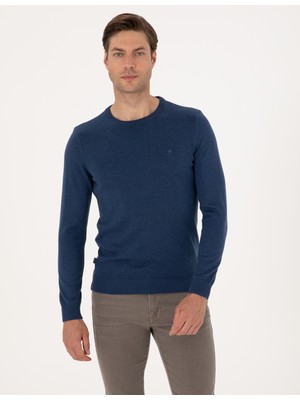 Pierre Cardin Erkek Indigo Melanj Slim Fit Bisiklet Yaka Basic Triko Kazak 50315509-VR155