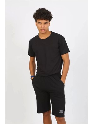 Erkek Pamuk Lakost Alt Üst Kaprili Pijama Takım Siyah
