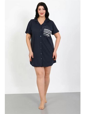Büyük Beden Penye Düğmeli Lacivert Tunik Gecelik