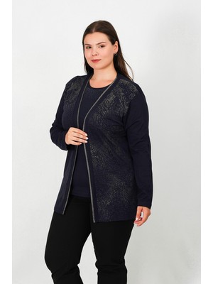 Lanze İçi Kısa Kol Bluzlu Kadın Ceketli İnce Takım 5201T Şık Lacivert Desenli Tasarım