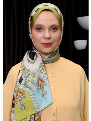 Yağ Yeşili Çizgili Hint Ipeği Şal