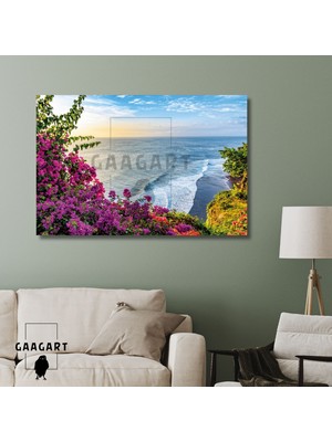 Tekli Yatay Kanvas Duvar Tablosu Begonviller ve Deniz Manzarası