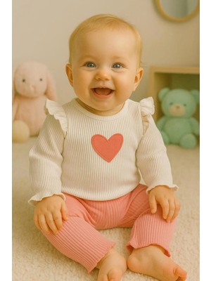 Kız Bebek Kalp Desenli 2 Li Mevsimlik Alt Üst Ribana Takım
