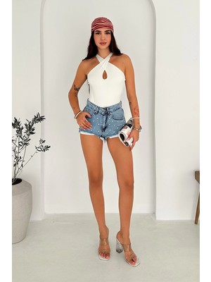 Taş Detaylı Denim Şort