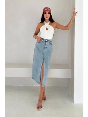 Paralel Taşlı Yırtmaçlı Denim Etek Mavi