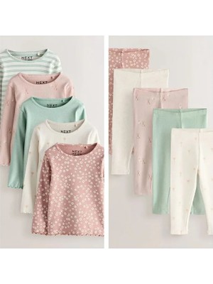 Pamuklu Krem Kahve Uzun Kollu Thsirt Tayt 5'li Alt Üst Takım