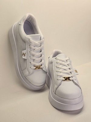 Melinta Shoes Kadın Düz Beyaz Sneaker Ayakkabı Suni Deri Ortopedik Taban Düz Topuklu