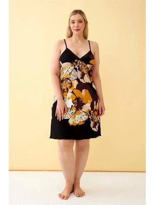 Kadın Büyük Beden Siyah Çiçek Desenli Askılı Gecelik