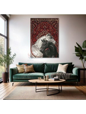 Kanvas Tablo Ev Ofis Duvar Tablosu Hali Motifi Siyah Beyaz Atlar Yeni Ev Hediyesi Kanvas Ev Dekoru