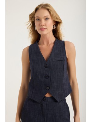 V Yaka 3 Düğme Cepli Yelek