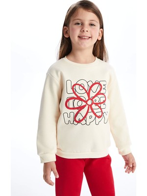 Lcw Kids Ekru Bisiklet Yaka Çiçekli Kız Çocuk Sweatshirt ve Pantolon 2'li Takım