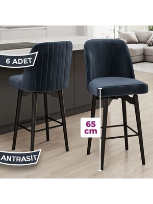 Evax Serisi 6 Adet Antrasit Bar Sandalyesi 360°C Döner Bar Sandalyesi Babyface Kumaş Siyah Metal Ayaklı
