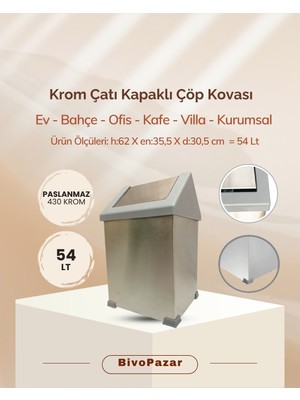 Krom Sallanır Çatı Kapaklı Çöp Kovası 54 Lt