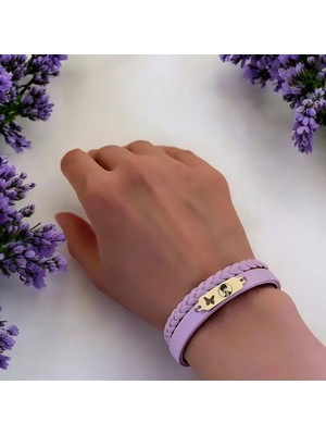 Altın Plakalı 14 Ayar Atatürk Temalı Kelebek Figürlü Açık Mor Derili Hediye BILEKLIK-655SEMBOL