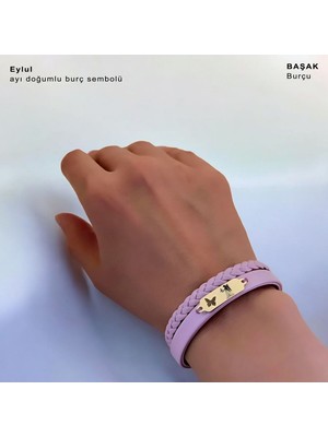 14 Ayar Plakalı Altın Başak Burçları Için Açık Mor Derili Kelebek Figürlü Hediye BILEKLIK-655BURÇ