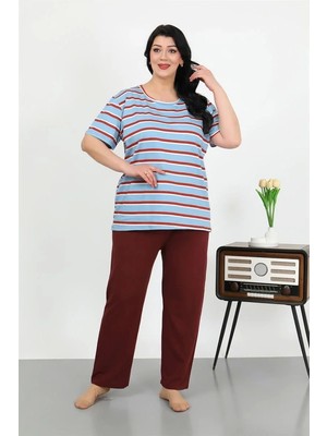 Kadın Büyük Beden Kısa Kol Penye Pijama Takımı Mavi