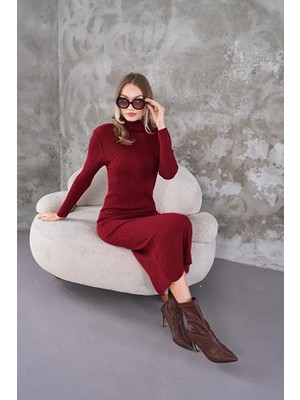 Fitilli Triko Elbise Bordo