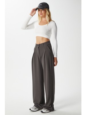 Likra Serisi Viora Açık Pile Esnek Antrasit Palazzo Pantolon