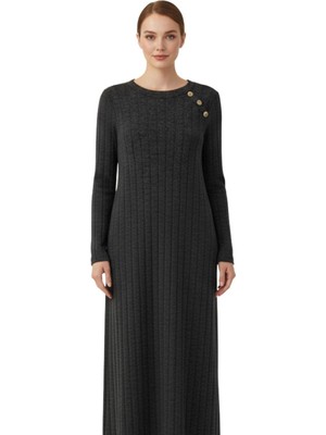 Siyah Omuz Düğme Detaylı Triko Uzun Elbise 8154A
