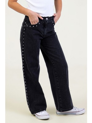 Dmb Boys & Girls Yıldız Detaylı Kız Çocuk Cepli Geniş Paça Denim Pantolon Casual Model