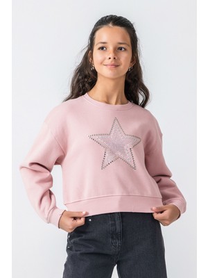 Kız Çocuk Taş Detaylı Yıldız Baskılı Sweatshirt