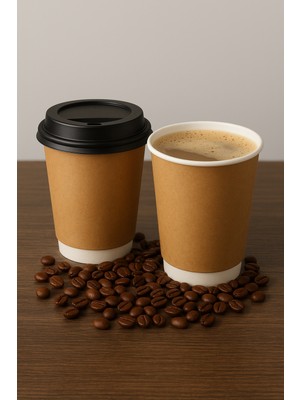 Yuşa Pack 14 Oz Double Wall Kraft Görünüm Karton Bardak + Siyah Kapaklı 50'li KARIŞTIRICI (TIPAÇ) HEDİYELİ