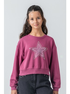 Kız Çocuk Taş Detaylı Yıldız Baskılı Sweatshirt