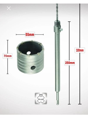 Gfb 55MM Beton Duvar Delme Panç + Sds-Plus (250MM) Uzun Adaptörlü