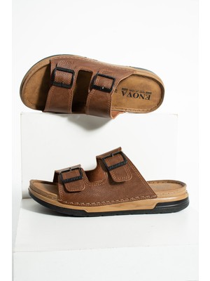 Birrbazaar Erkek Deri(Suni) Ortopedik Çift Monta Taban Ayarlı Tokalı Dikişli Şık Ev Dışarı Terliği