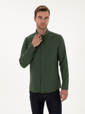Cacharel Erkek Yeşil Slim Fit Pamuk Karışımlı Yakası Düğmeli Flanel Gömlek 50318243-VR054